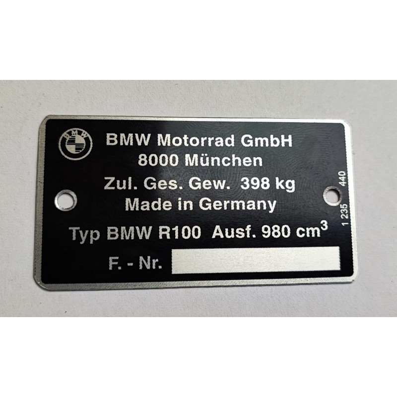 BMW R100 engraved frame plate – identification plate