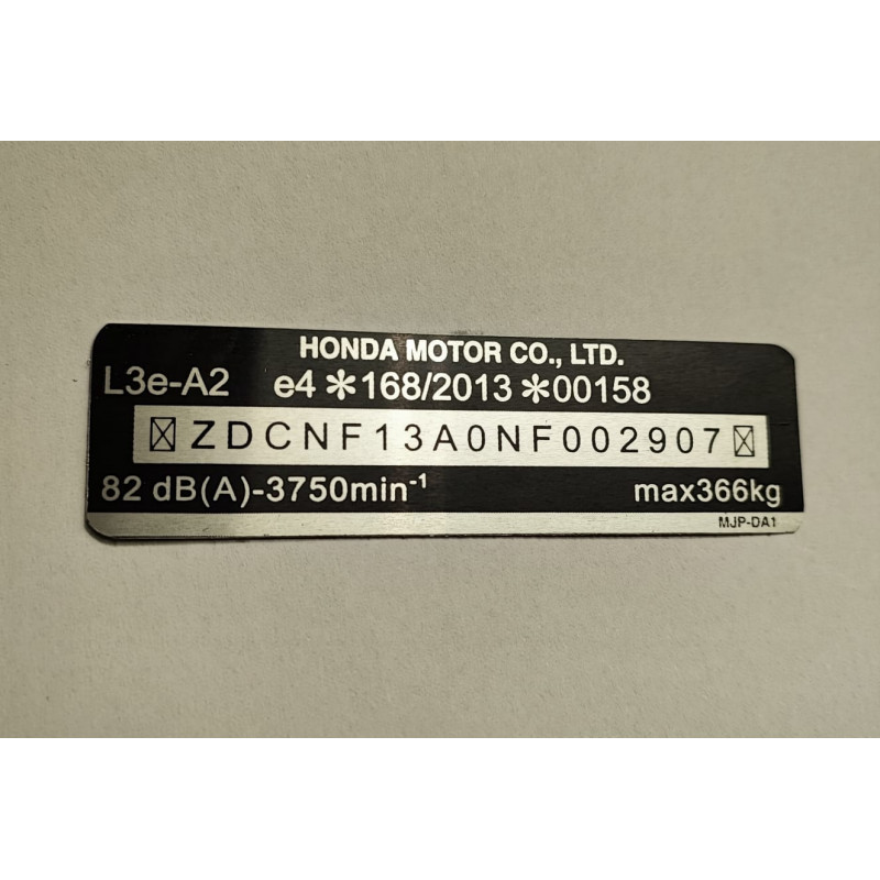 Honda CBR650 frame label L3e-A2 – manufacturer plate